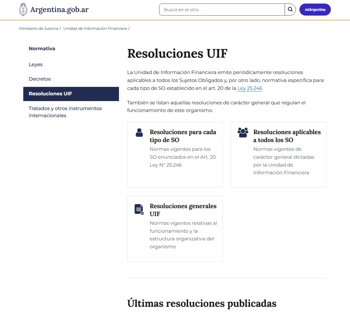 Página de Resoluciones de la Unidad de Información Financiera en Argentina.gob.ar, con los bloques de resoluciones por tipo de sujeto obligado y de alcance general
