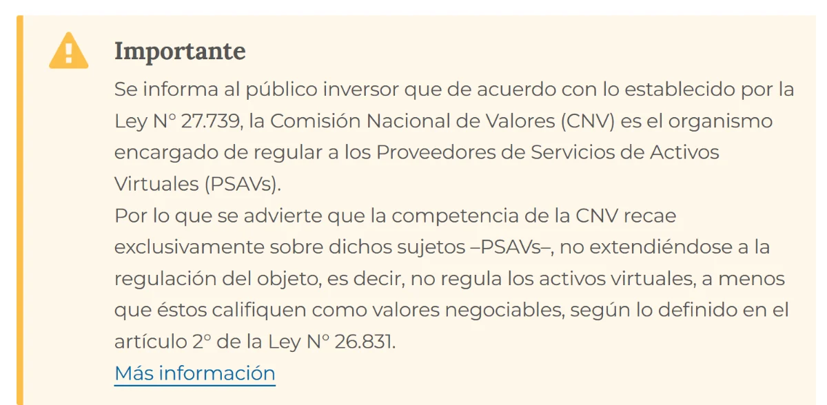Aviso «Importante» en el sitio de la Comisión Nacional de Valores aclarando que su competencia recae exclusivamente sobre los PSAV