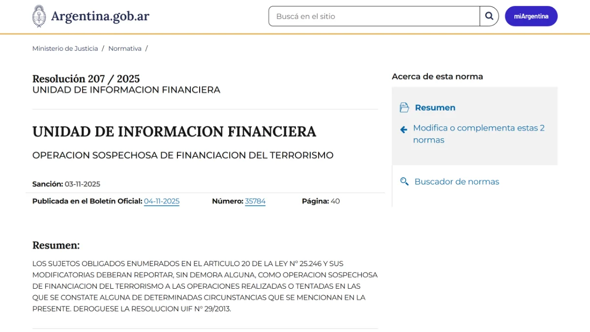 Ficha de la Resolución 207/2025 en el sitio de normativa de Argentina.gob.ar, con el resumen oficial y la fecha de publicación