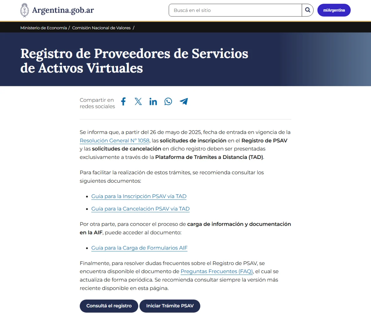 Página del Registro de Proveedores de Servicios de Activos Virtuales en el sitio de la CNV, con el botón «Consultá el registro» y la referencia a la Resolución General N° 1058