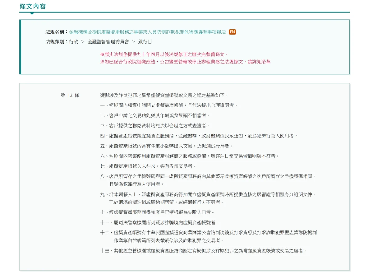全國法規資料庫的防詐辦法第十二條頁面,列出十三款異常虛擬資產帳號的認定基準