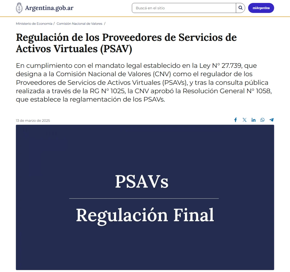 Comunicación oficial sobre la regulación de los Proveedores de Servicios de Activos Virtuales en Argentina.gob.ar, que menciona la Ley N° 27.739 y la Resolución General N° 1058 de la CNV