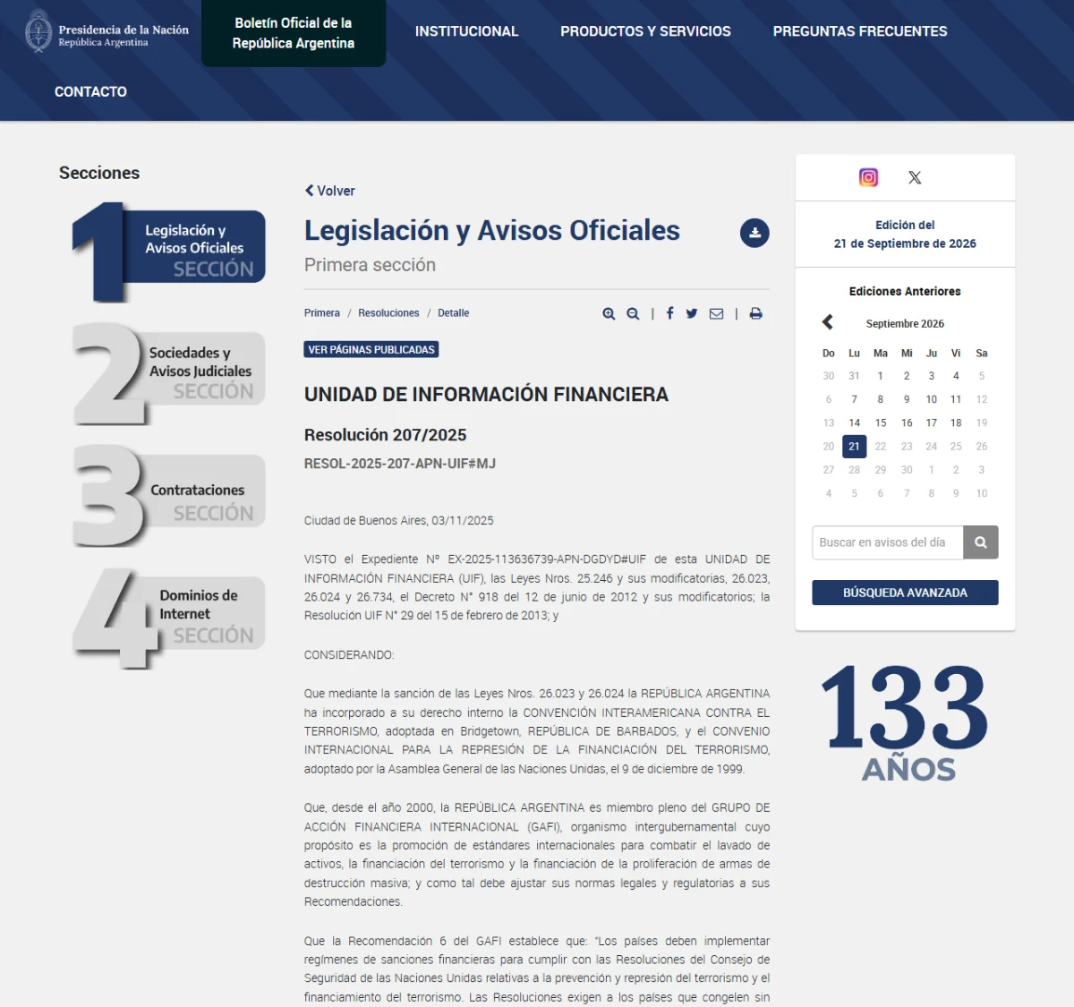 Texto oficial de la Resolución UIF 207/2025 en el Boletín Oficial, con los considerandos que citan la Convención Interamericana contra el Terrorismo y el artículo 306 del Código Penal