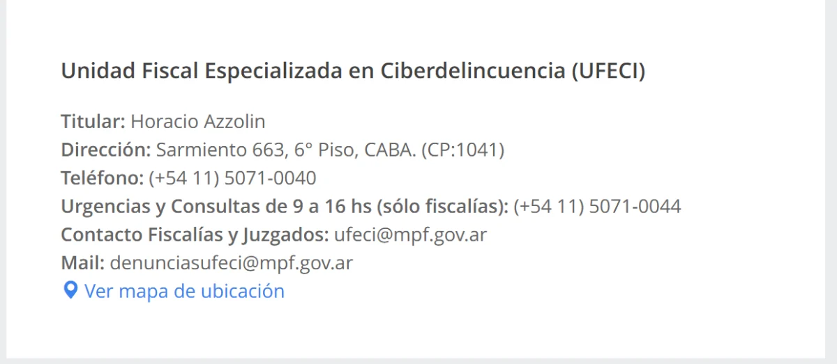Ficha institucional de la UFECI en el sitio del Ministerio Público Fiscal, con dirección, teléfonos y correos de contacto