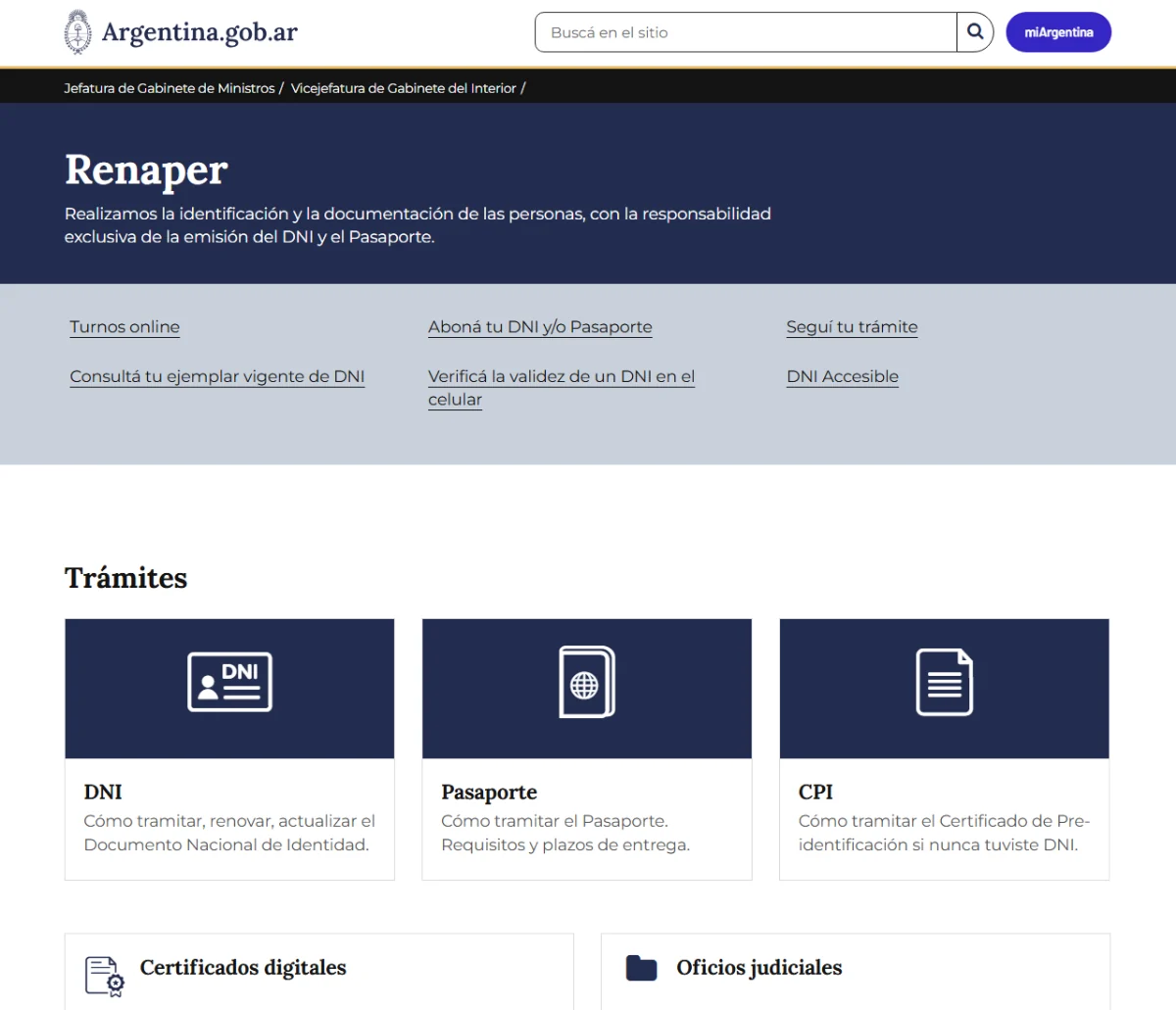 Sitio del Renaper en Argentina.gob.ar, con los accesos a turnos online, consulta del ejemplar vigente de DNI y verificación de validez, y las fichas de trámite de DNI, Pasaporte y CPI
