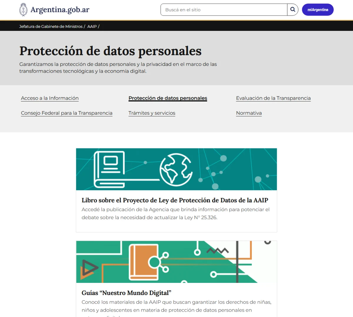 Sección de Protección de Datos Personales de la AAIP en Argentina.gob.ar, con los accesos a normativa, trámites y servicios